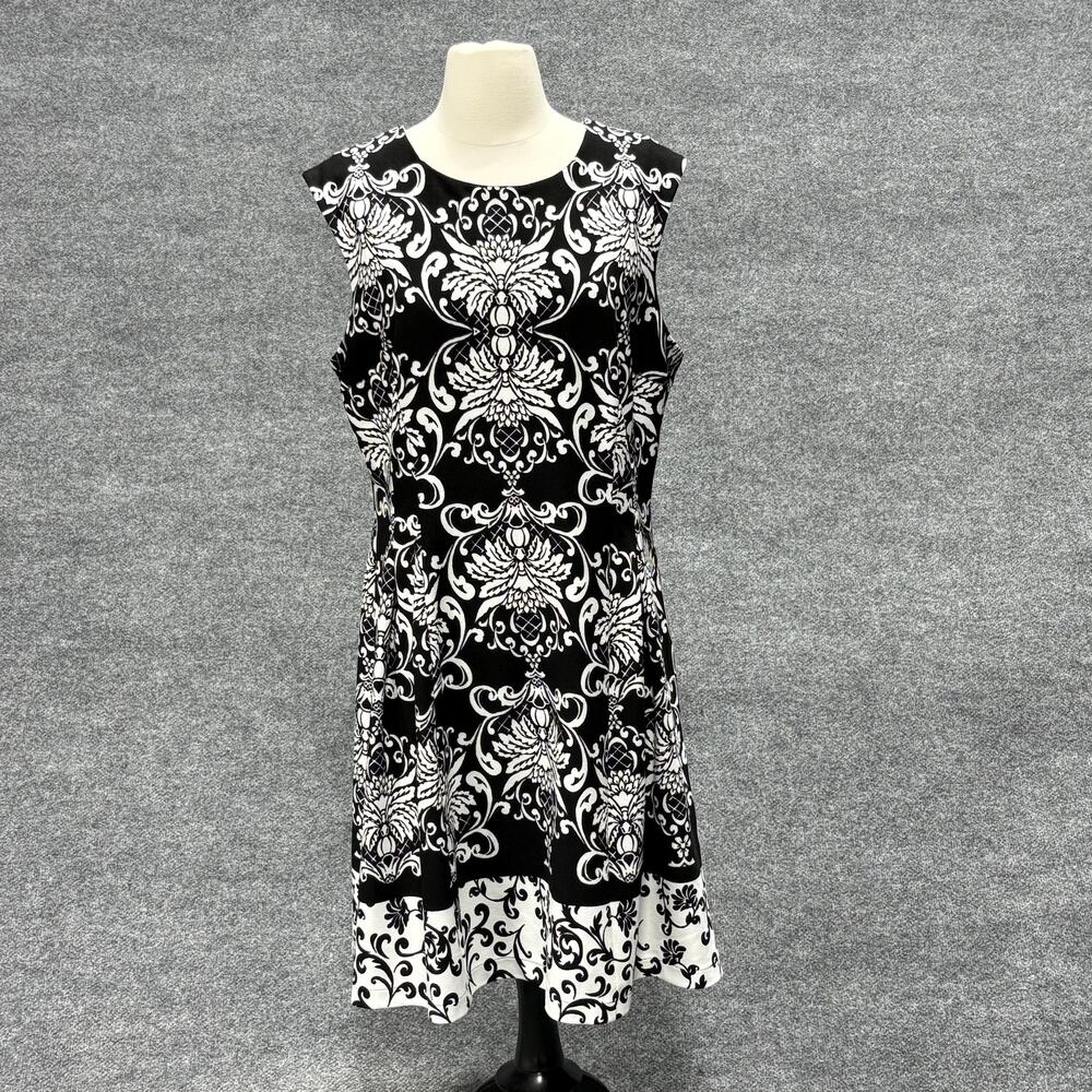 Sandra Darren Dress Womens 16 Black White Sleeveless Floral Damask Print Midi